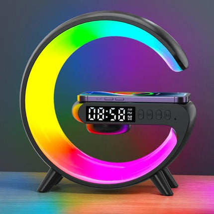 Multifunction 3 In 1 Wireless Charger Pad Stand Speaker RGB Night Light Fast Charging Station For iPhone Samsung Xiaomi Huawei - BLACK- شاحن جوال وساعه - PC BUILDER QATAR - Best PC Gaming Store in Qatar 