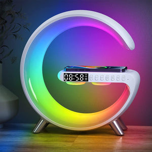 Multifunction 3 In 1 Wireless Charger Pad Stand Speaker RGB Night Light Fast Charging Station For iPhone Samsung Xiaomi Huawei  - WHITE - شاحن جوال وساعه