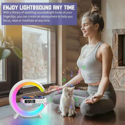 Multifunction 3 In 1 Wireless Charger Pad Stand Speaker RGB Night Light Fast Charging Station For iPhone Samsung Xiaomi Huawei - WHITE - شاحن جوال وساعه - PC BUILDER QATAR - Best PC Gaming Store in Qatar 