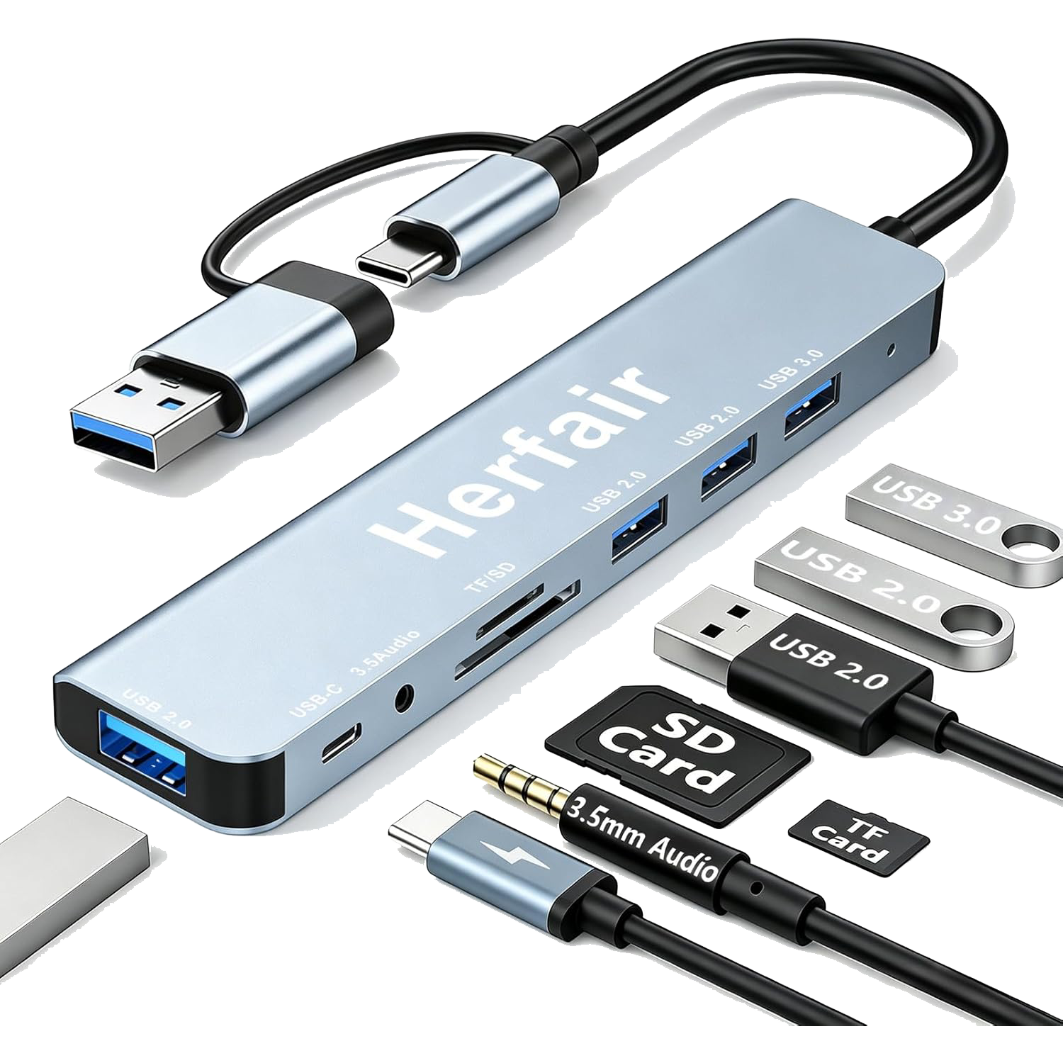 USB Type C Adapter 8 in 1 Hub 3.0 with SD Card Reader Audio Jack USB Extender Splitter Multiport Dongle Adapter - موزع يو اس بي