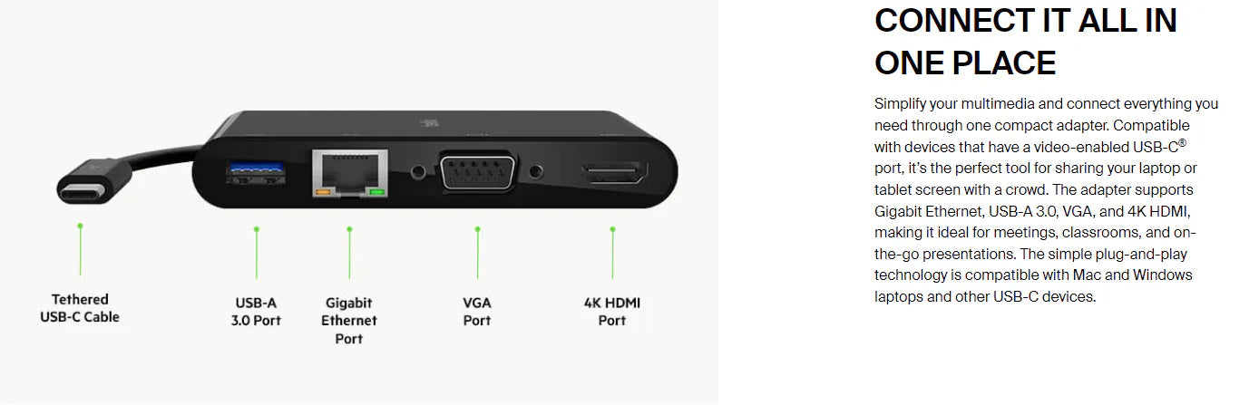 Belkin USB-C Multimedia Adapter with Ethernet, USB-A 3.0, VGA, and 4K HDMI ports - موزع منافذ