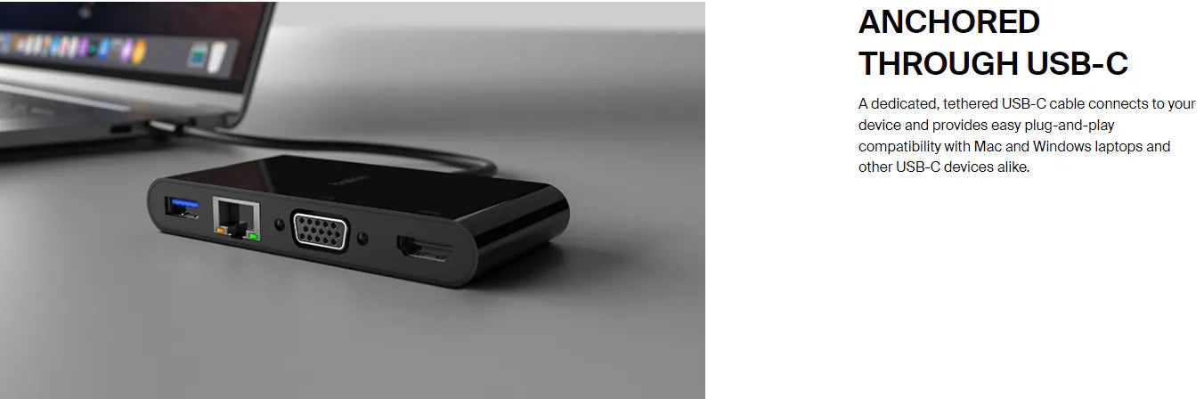 Belkin USB-C Multimedia Adapter with Ethernet, USB-A 3.0, VGA, and 4K HDMI ports - موزع منافذ