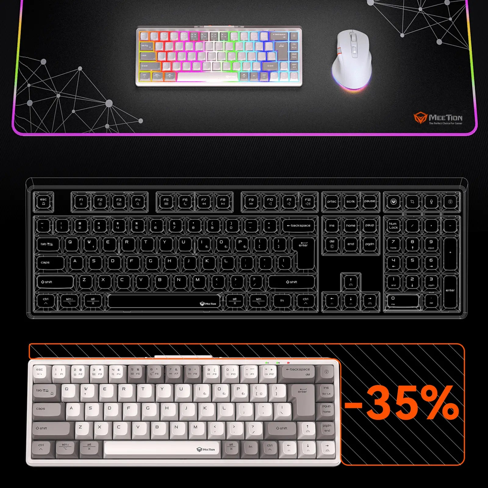 MEETION MK12 65% Tri-Mode RGB Mechanical White Keyboard, 2.4G wireless, Bluetooth, and wired - كيبورد وايرليس