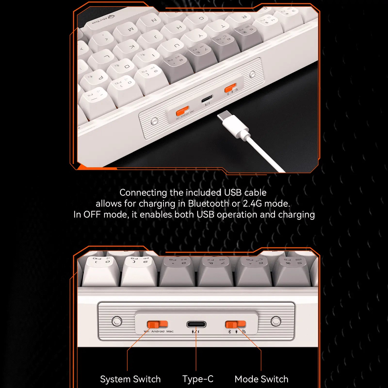 MEETION MK12 65% Tri-Mode RGB Mechanical White Keyboard, 2.4G wireless, Bluetooth, and wired - كيبورد وايرليس