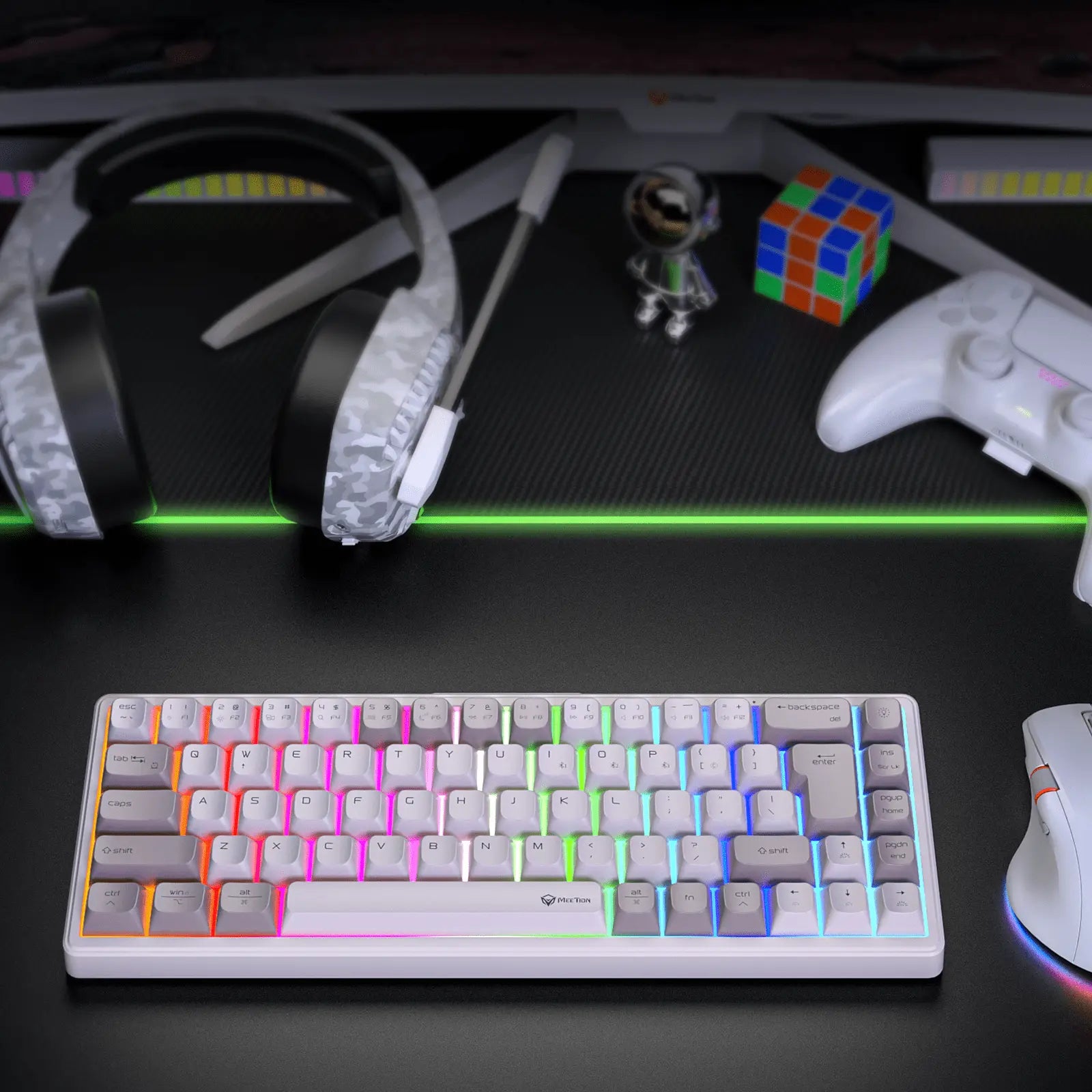 MEETION MK12 65% Tri-Mode RGB Mechanical White Keyboard, 2.4G wireless, Bluetooth, and wired - كيبورد وايرليس
