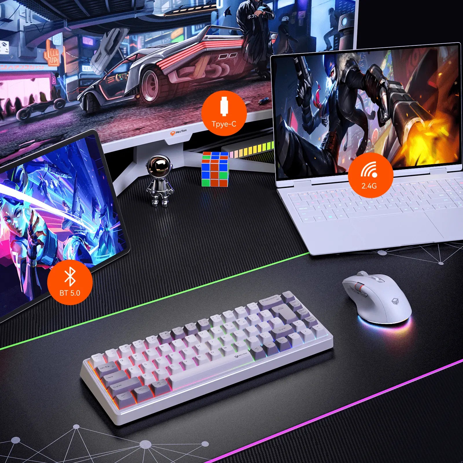 MEETION MK12 65% Tri-Mode RGB Mechanical White Keyboard, 2.4G wireless, Bluetooth, and wired - كيبورد وايرليس