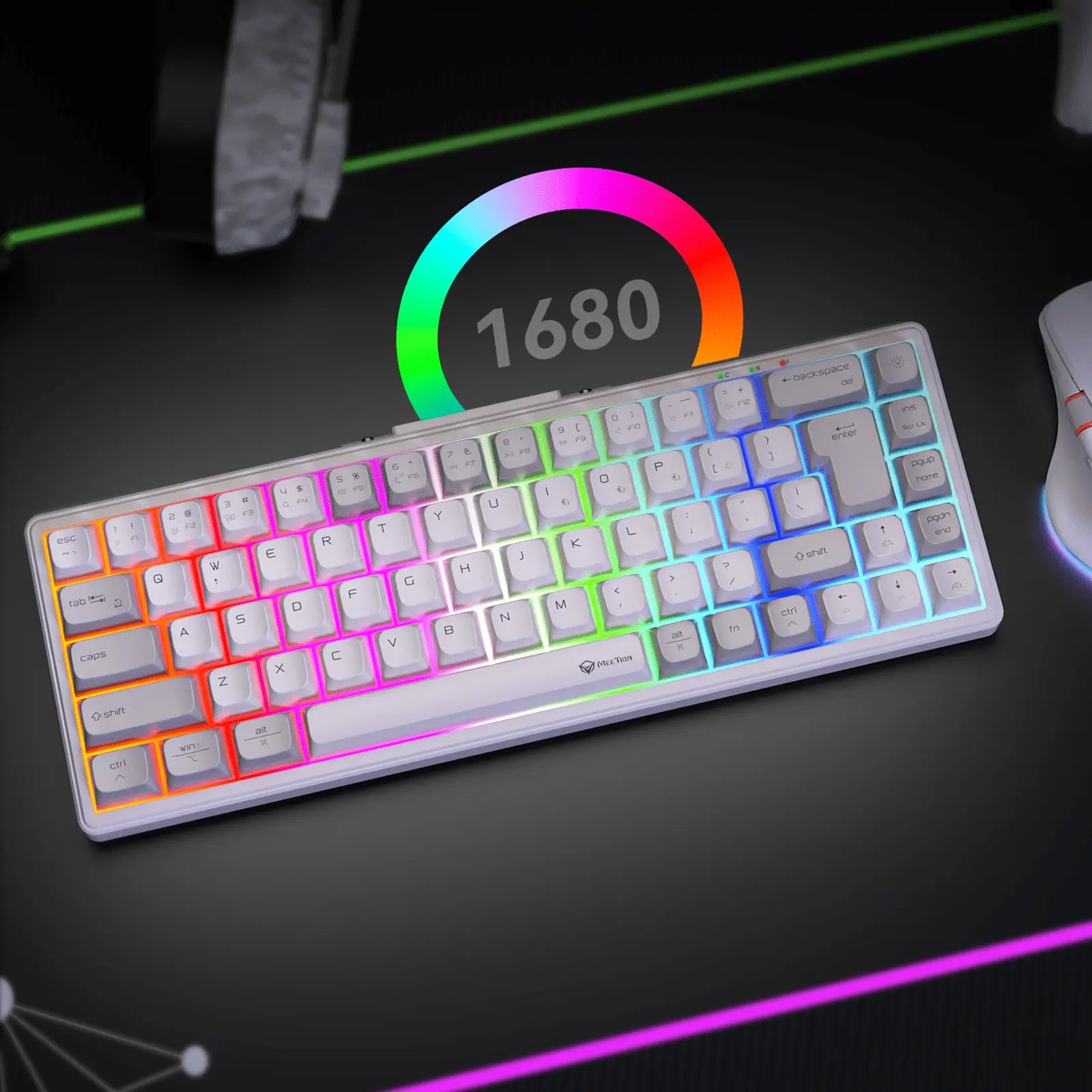 MEETION MK12 65% Tri-Mode RGB Mechanical White Keyboard, 2.4G wireless, Bluetooth, and wired - كيبورد وايرليس