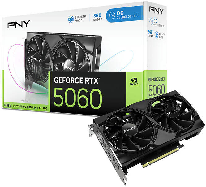 PNY GeForce RTX 5060 Overclocked Dual Fan Graphics Card, 8GB GDDR7 128-Bit Memory, 2280MHz Clock Speed, 28 Memory Speed, 3840 CUDA Cores, 8x PCI-Express 5.0 -كرت شاشه