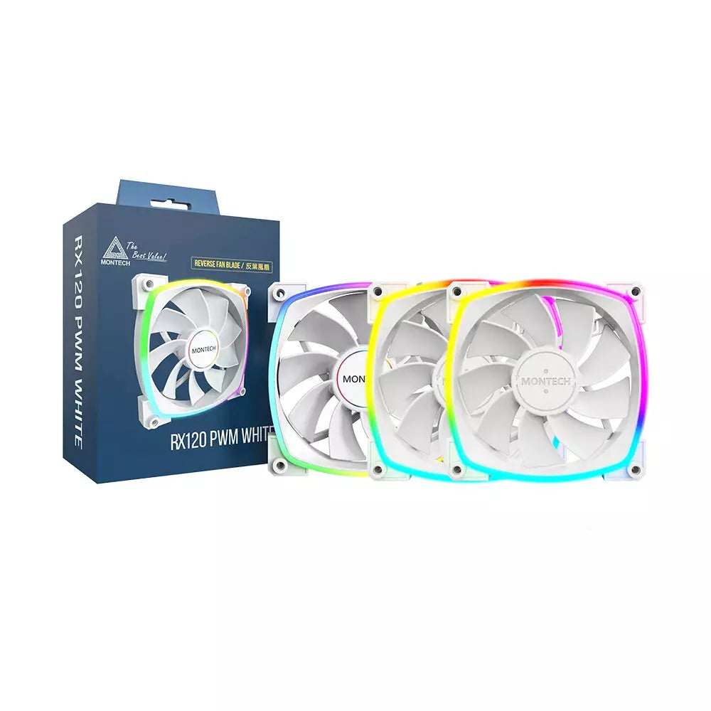 Montech RX120 PWM ARGB Ultra Durable Triple Pack Fan - White - مراوح بيضاء Montech RX120 PWM ARGB Ultra Durable Triple Pack Fan - White - مراوح بيضاء