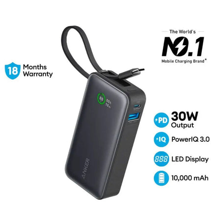 Anker Nano Power Bank (30W, Built-In USB-C Cable) Lightweight With for iPhone 16/15 Series, MacBook, Galaxy, iPad, and More - Black - باور بانك مع كيبل تايب سي