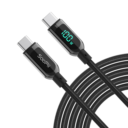 SooPii Data Cable S10CC Black 1.2M USB C to USB C Charging Fast Charge Cable | LED Display OF WATT | 100W | Nylon Braided - كابل شحن ممتاز بشاشة