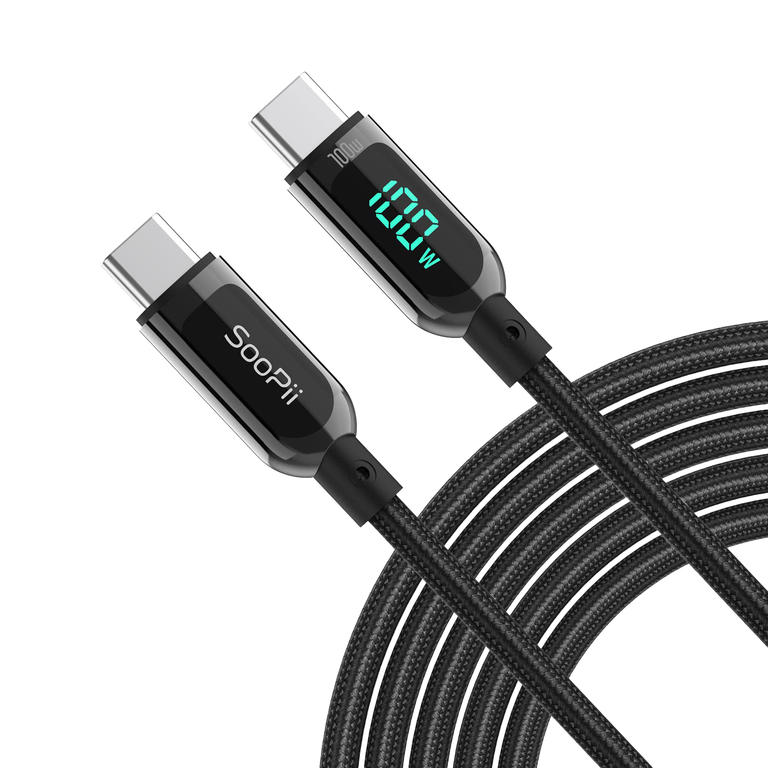 SooPii Data Cable S10CC Black 3M USB C to USB C Charging Fast Charge Cable | LED Display Of Watt | 100W | Nylon Braided - كابل شحن سريع ممتاز بشاشة SooPii Data Cable S10CC Black 3M USB C to USB C Charging Fast Charge Cable | LED Display Of Watt | 100W | Nylon Braided - كابل شحن سريع ممتاز بشاشة