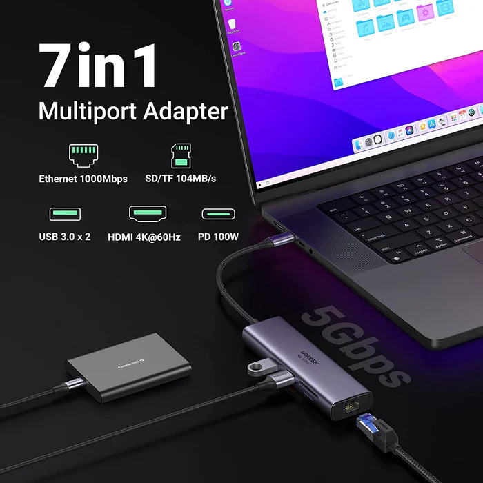 UGREEN Revodok 7-in-1 4K HDMI USB C Hub, Ethernet Adapter, USB 3.0 x 2, PD 100W, SD-TF Slots - موزع يو اس بي
