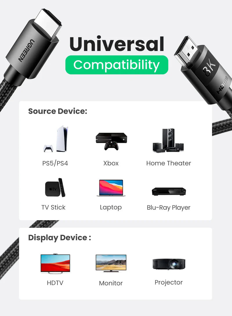 UGREEN 8K HDMI 2.1 Cable Ultra HD 1M , 8K@60Hz 4K@120Hz High Speed 48Gbps - كيبل