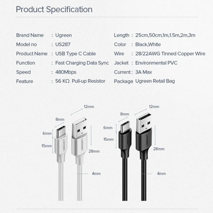 Ugreen Cable USB-A To USB- Type C 2M 3A - White -  كيبل شحن