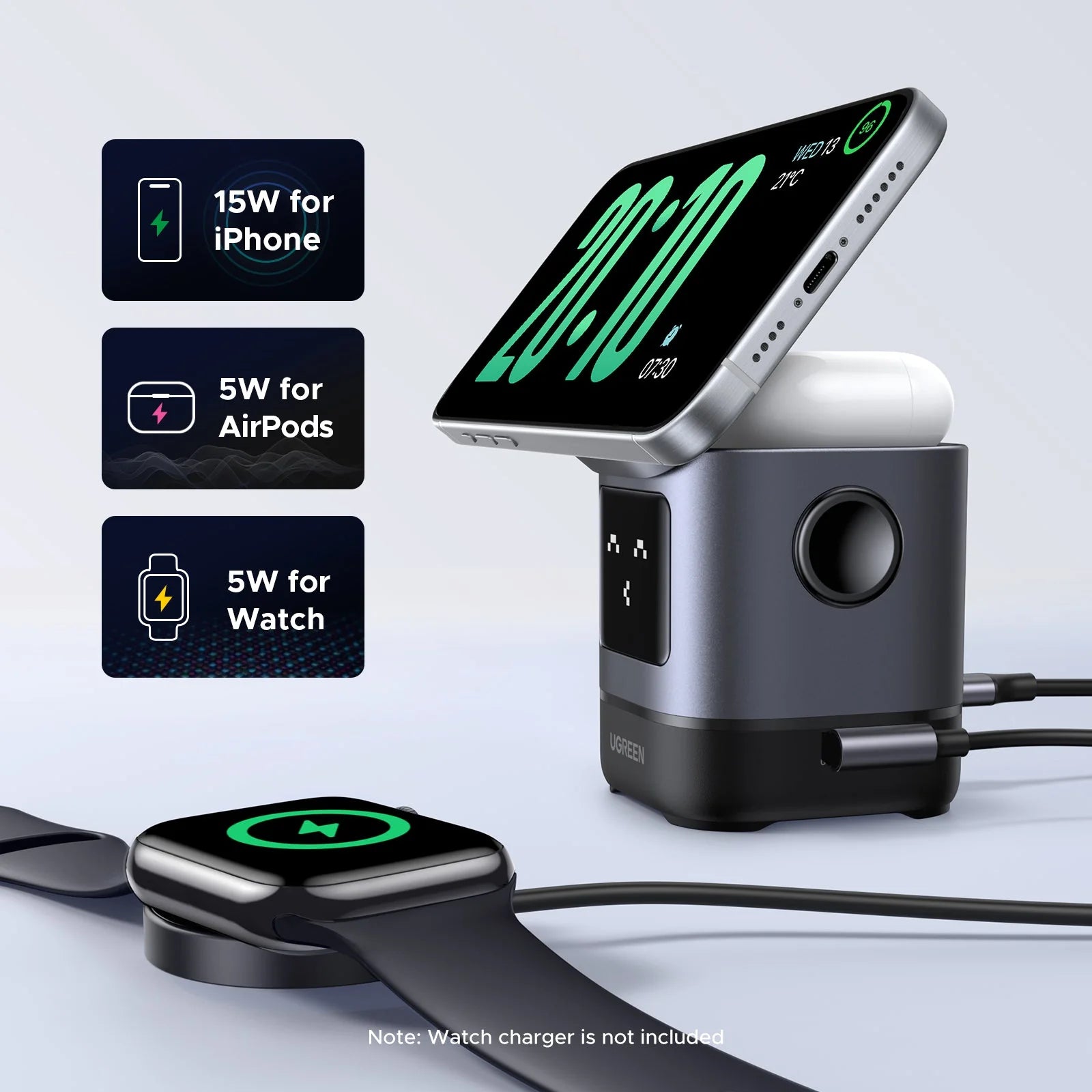 UGREEN Uno 2-in-1 Magnetic Wireless Charger 15W Qi2 Certified Ultra-Fast,Adjustable and Super Strong,for iPhone 16/15/14/13/12 Series,AirPods and any Magnetic Phone - شاحن وايرليس