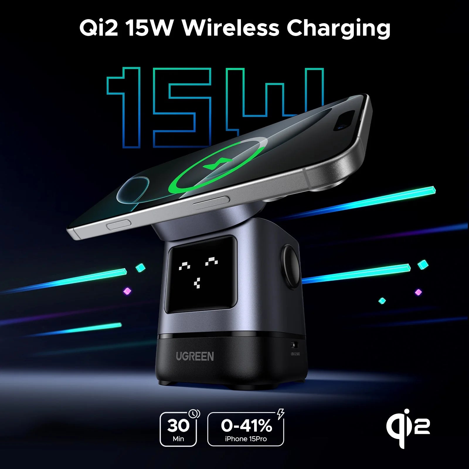 UGREEN Uno 2-in-1 Magnetic Wireless Charger 15W Qi2 Certified Ultra-Fast,Adjustable and Super Strong,for iPhone 16/15/14/13/12 Series,AirPods and any Magnetic Phone - شاحن وايرليس