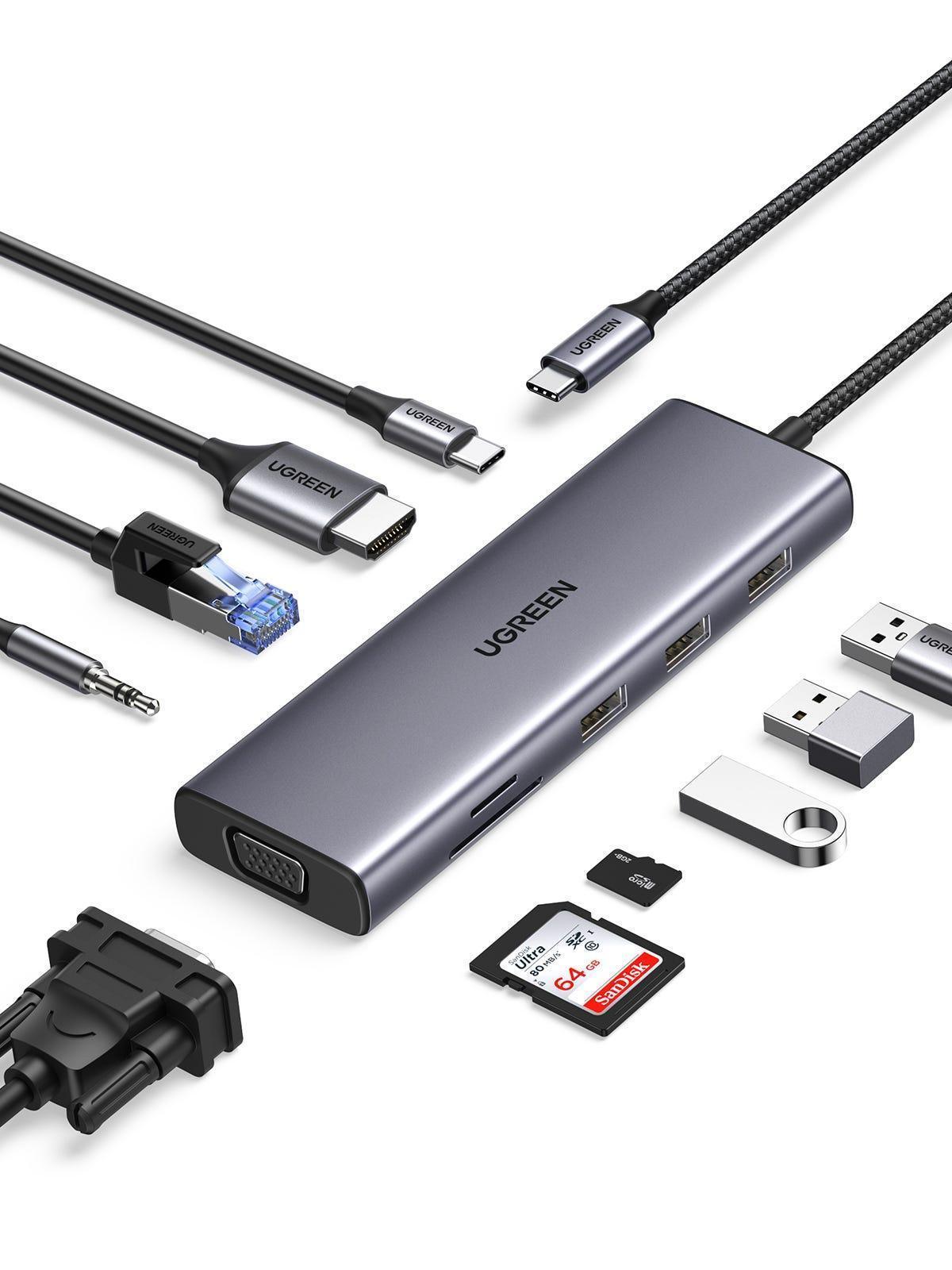 Ugreen USB Hub Type-C 10 in 1 Dongle With 4K HDMI & VGA Grey - موزع يو اس بي Ugreen USB Hub Type-C 10 in 1 Dongle With 4K HDMI & VGA Grey - موزع يو اس بي